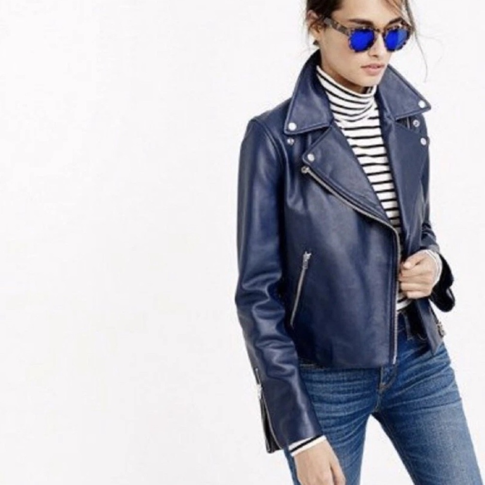 J.Crew Collection Leather Moto Motorcycle Jacket Navy Dark Blue Sz 4 EUC